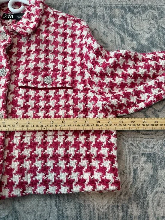 Zara Women's Short Textured Tweed Blazer Jacket Small Raspberry Houndstooth - Picture 9 of 9